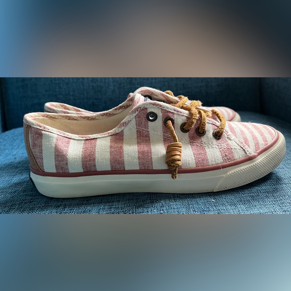 Sperry Boat Shoes Sneakers off white/dusty pink Striped Canvas Lace Up, Size 5
